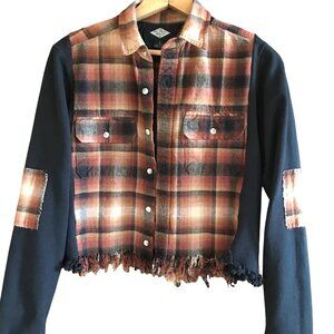 Cropped Plaid Shirt Upcycled Black Brown Sweatshirt Jacket, Boho Grunge Size S